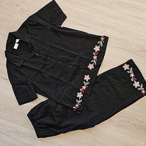 Kim Rogers Black Button-Down Top and Pants Set with Pink Floral Embroidery